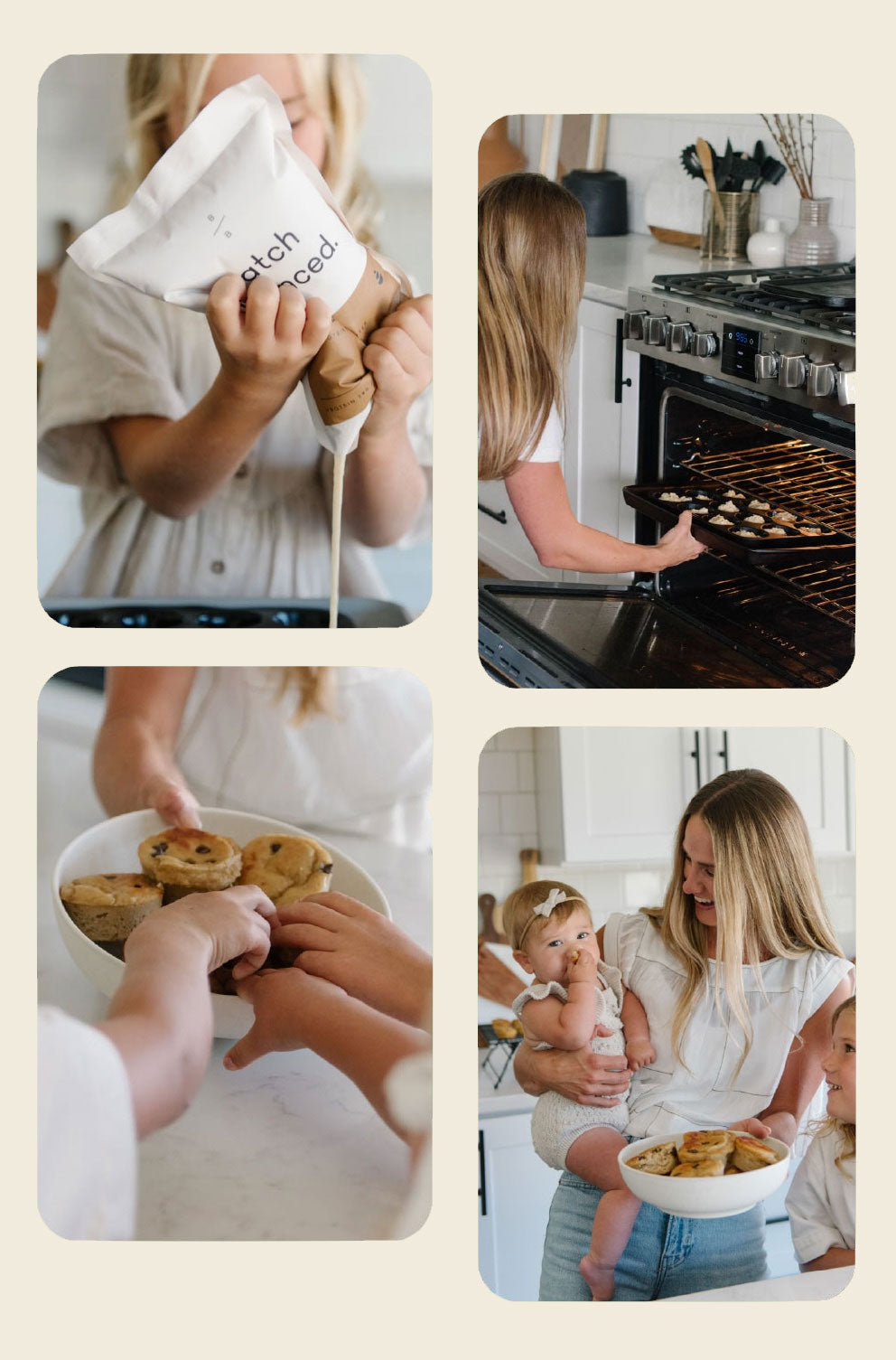 Collage of a woman baking cookies and interacting with children in a kitchen.