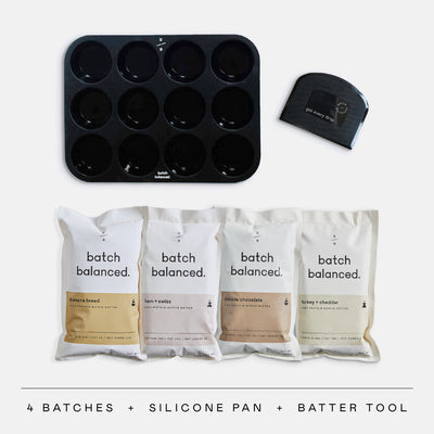Batch Balanced baking kit with silicone pan and batter tool on a white background