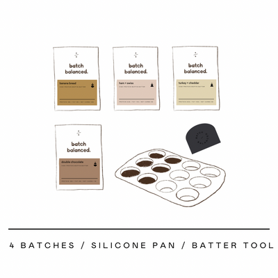 Silicone pan with batter tool and 'batch balanced' packaging on a white background