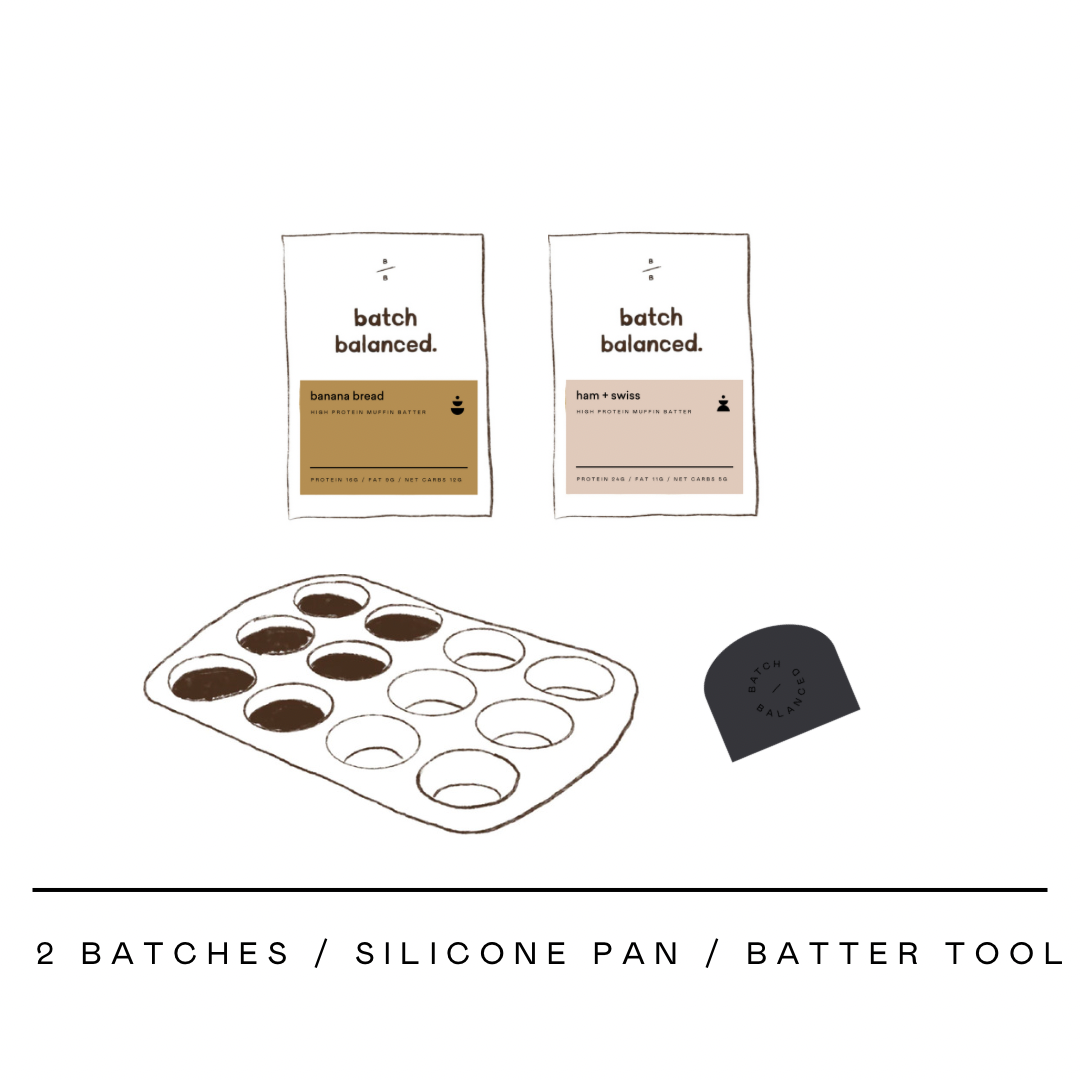Silicone pan and batter tool with 'batch balanced' packaging on a white background