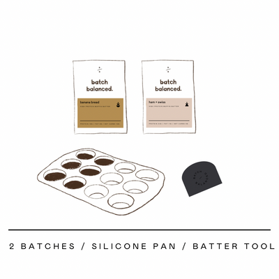 Silicone pan and batter tool with 'batch balanced' packaging on a white background