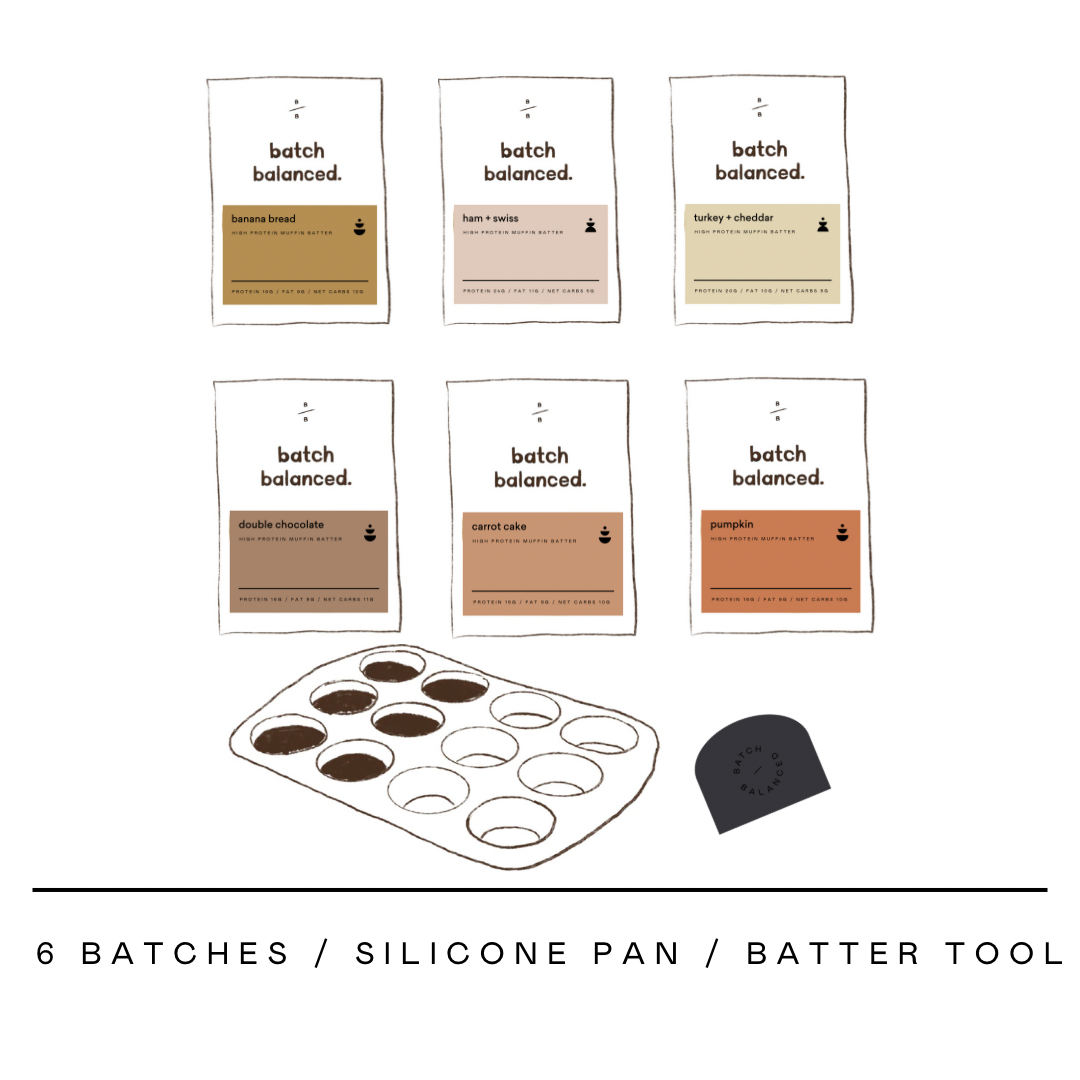 Set of batch balanced product packages with a silicone pan and batter tool on a white background.