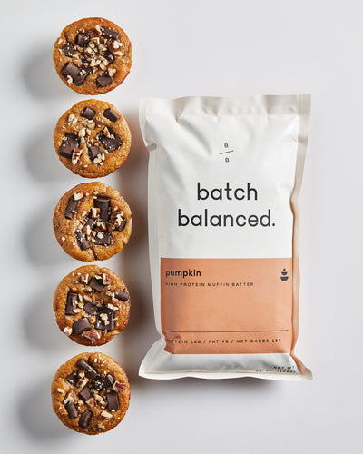 Pumpkin mix package with 5 muffins next to it with toppings